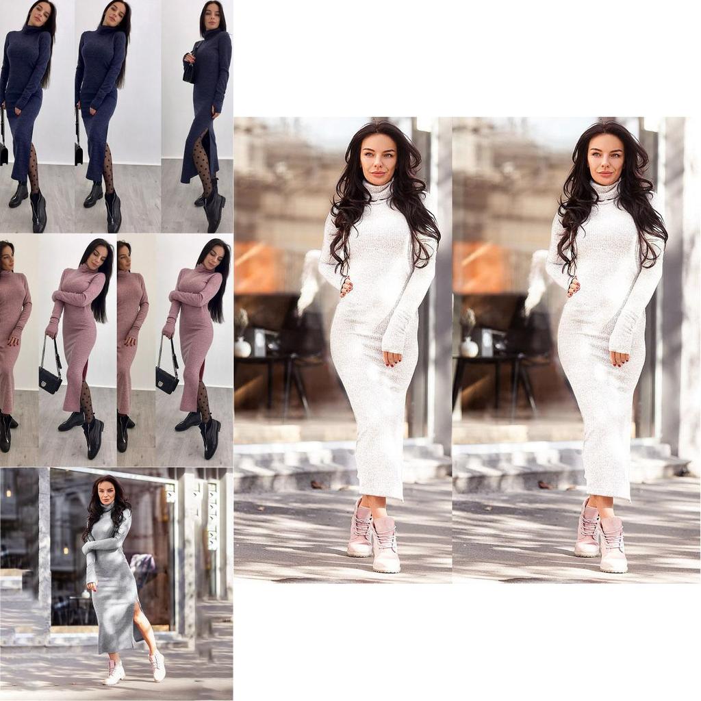 Luxurious Autumn And Winter Women's High Collar Sweater Dress In Solid Color
