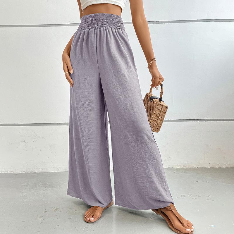 Summer High-waisted, Casual, Simple Solid-color Loose-fitting Wide-leg Pants with Elastic Waists