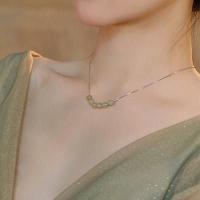 Hetian Jade Transfer Bead Necklace Women's Light Luxury Niche Temperament Six Green Chalcedony Round Beads Stainless Steel Collarbone Chain