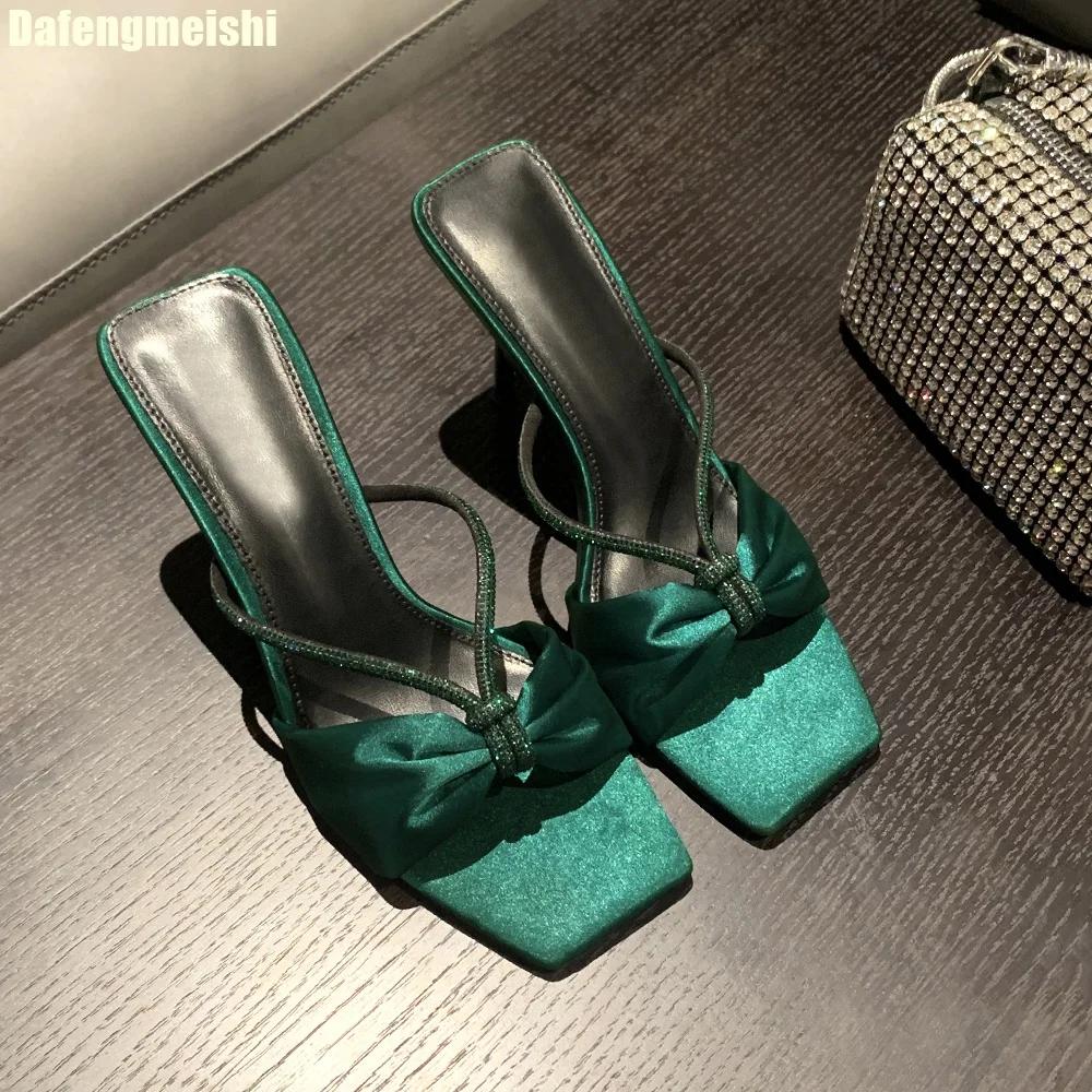 Fashion Purple Satin Rhinestone One-Strap Sandals for Women 2025 Summer New Bow Open-Toe Thin High-Heeled Slippers Casual Fashion Slides