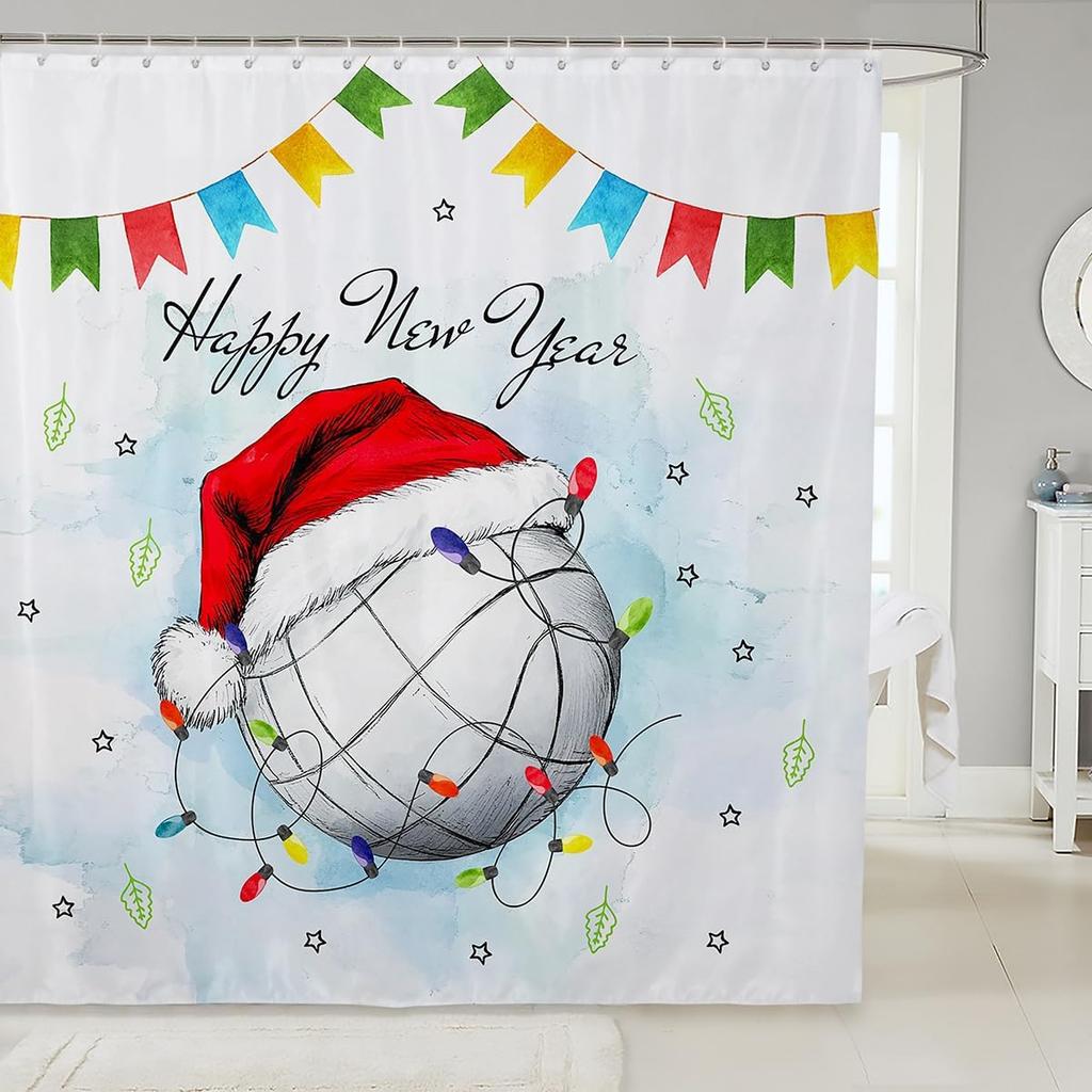 Christmas Cat Shower Curtain Cute Pet Cat Animal Bathroom Shower Curtain Sets, Xmas Decor Christmas Hat Fabric Shower Curtain