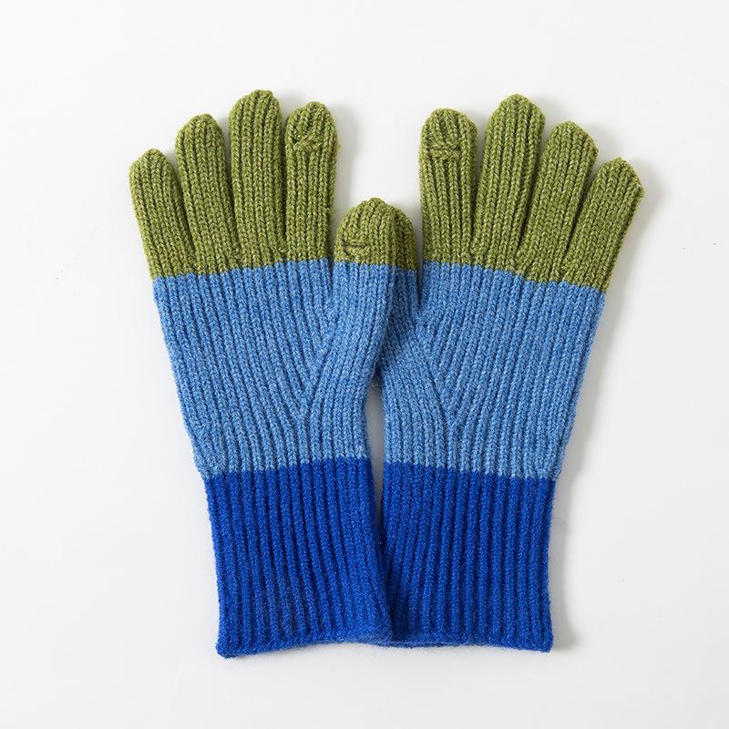Womens Warm Acrylic Knitted Gloves Breathable Color Block Design Soft Cozy Sports Cycling Cold Weather Mittens