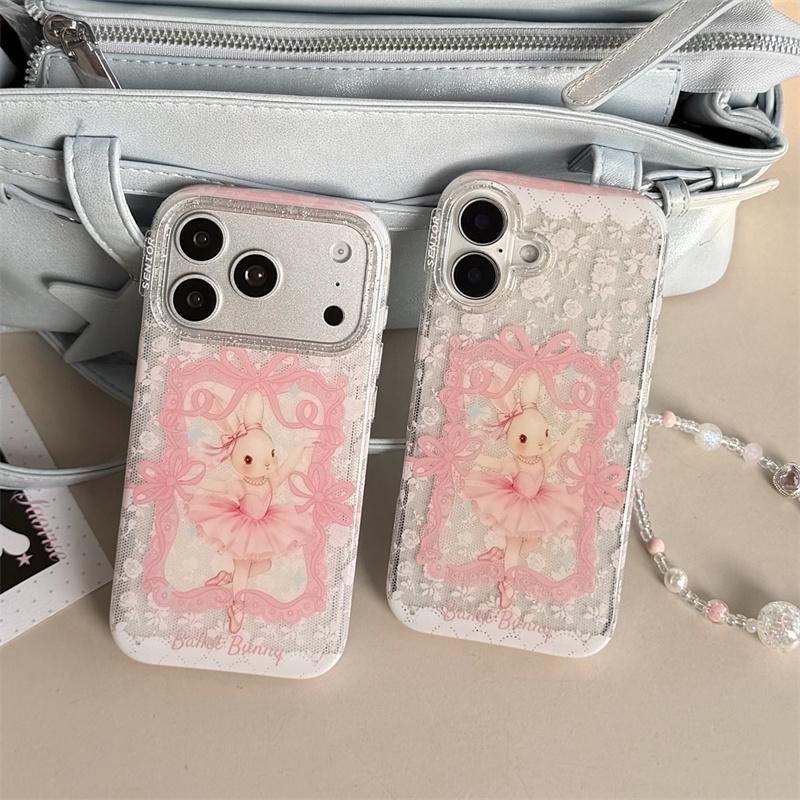New 2026 INS Pink Ballet Bunny Lace Phone Case For iPhone 17 16 15 14 Pro Max with Rhinestone and Beaded Chain Shockproof Cover