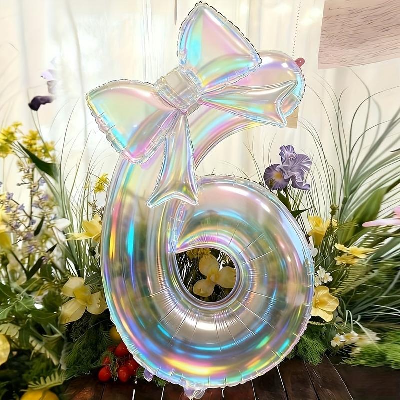 Large Iridescent Transparent Number-Shaped Foil Balloons with 24-Inch Iridescent Bow Decorations Suitable for Birthdays