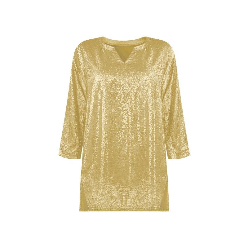 Women's Large Size T-shirt Spring and Summer Seven Quarter Sleeve Shiny Loose Casual Female T-shirt Fashion V-neck Solid Color Office Ladies Tee Tops