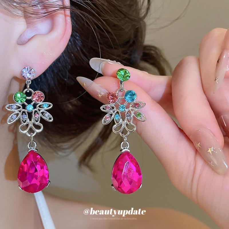Temperament court style colored gemstone necklace stud earrings jewelry set dinner dress luxury exquisite jewelry women