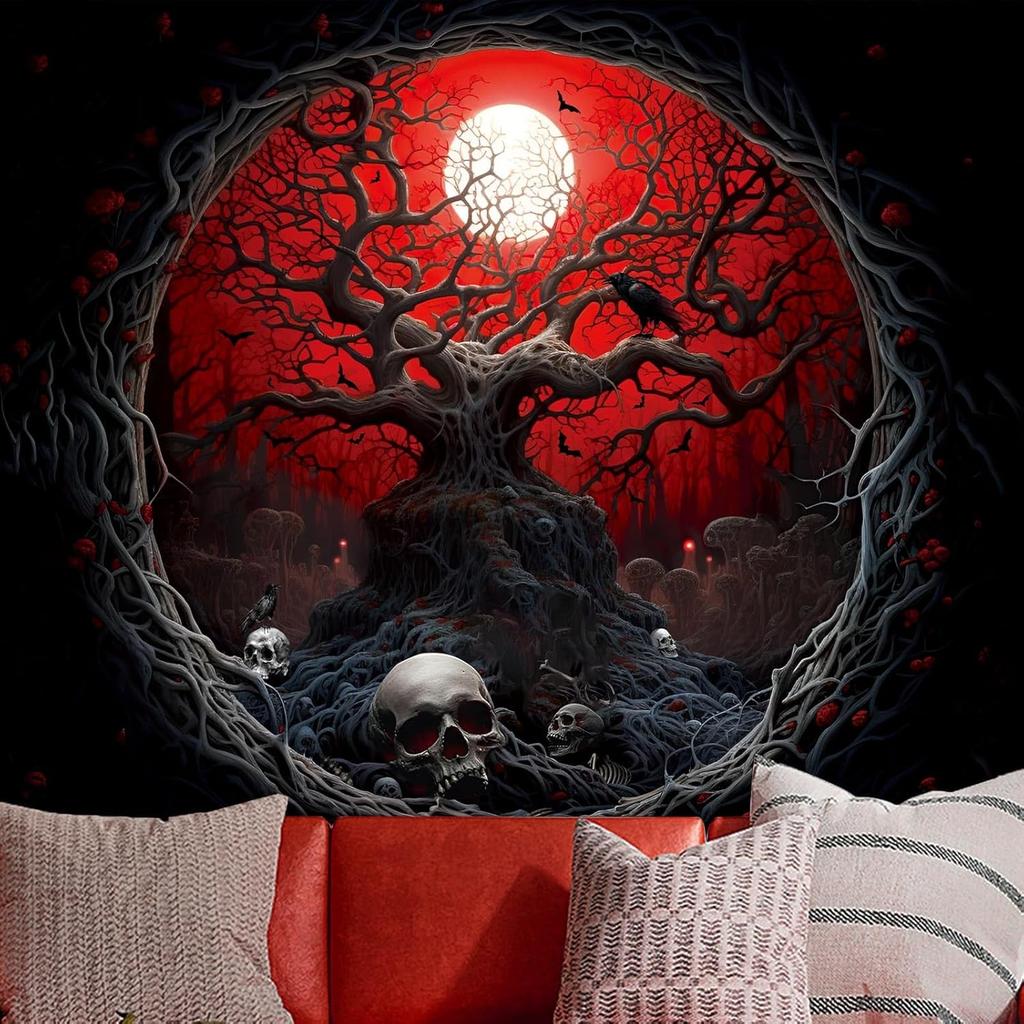 Black Red Anime Tapestry, Gothic Dark Forest Moon Wall Hanging, Nature Skull Withered Tree Landscape Tapestries for Bedroom