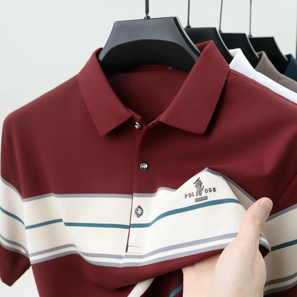 TrendHub Polo de lux cu mânecă scurtă pentru bărbați Top cu dungi Badge Design original Golf Casual Business Tricou