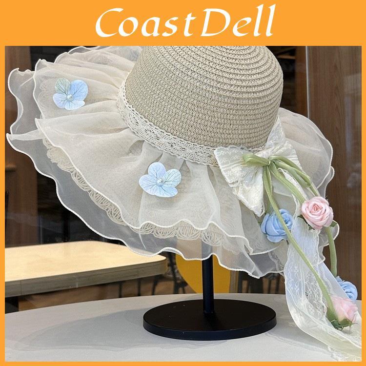 Summer Straw Hat For Women With Lace Bow Sun Protection Beach Vacation