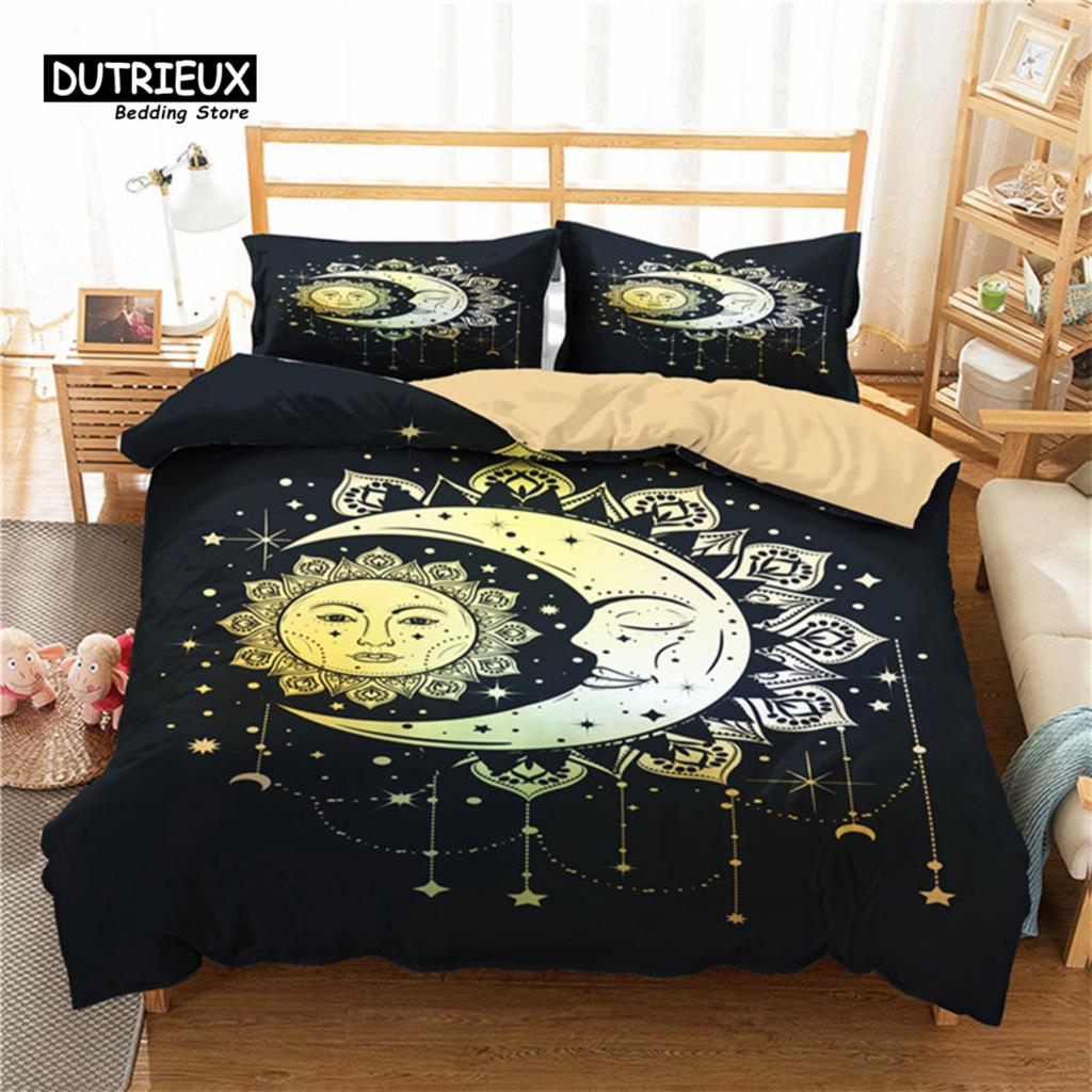 Sun And Moon Duvet Cover Exotic Galaxy Stars Bedding Set Microfiber Astrology Comforter Cover Queen For Kids Boys Teens Bedroom