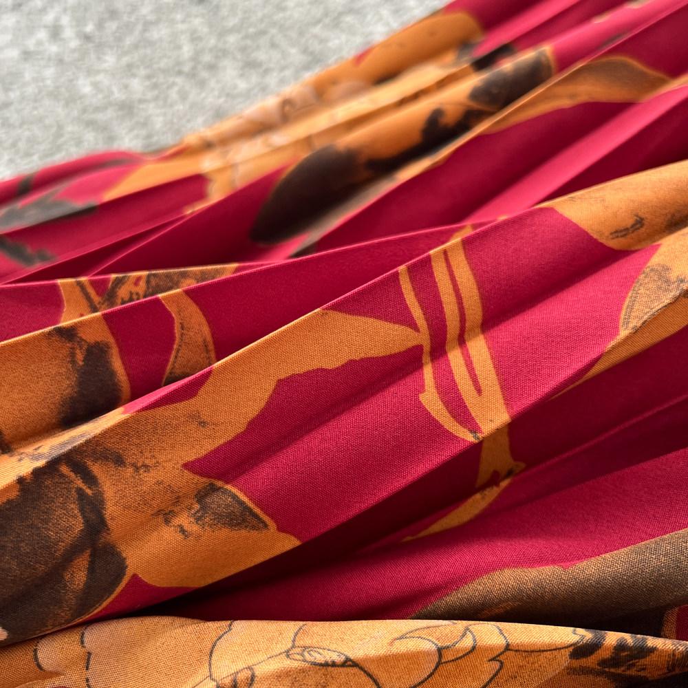 Spring Summer Women Elegant Vintage Print Elastic Waist Long Maxi Pleated Skirt Only Have One Size