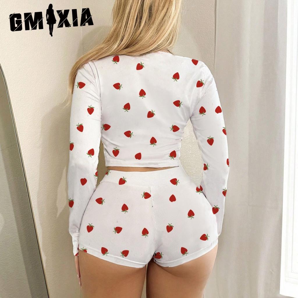 GMXIA Women's Homewear Sexy Casual Fashion Cardigan Button Long Sleeve Shorts Two-piece Pajamas