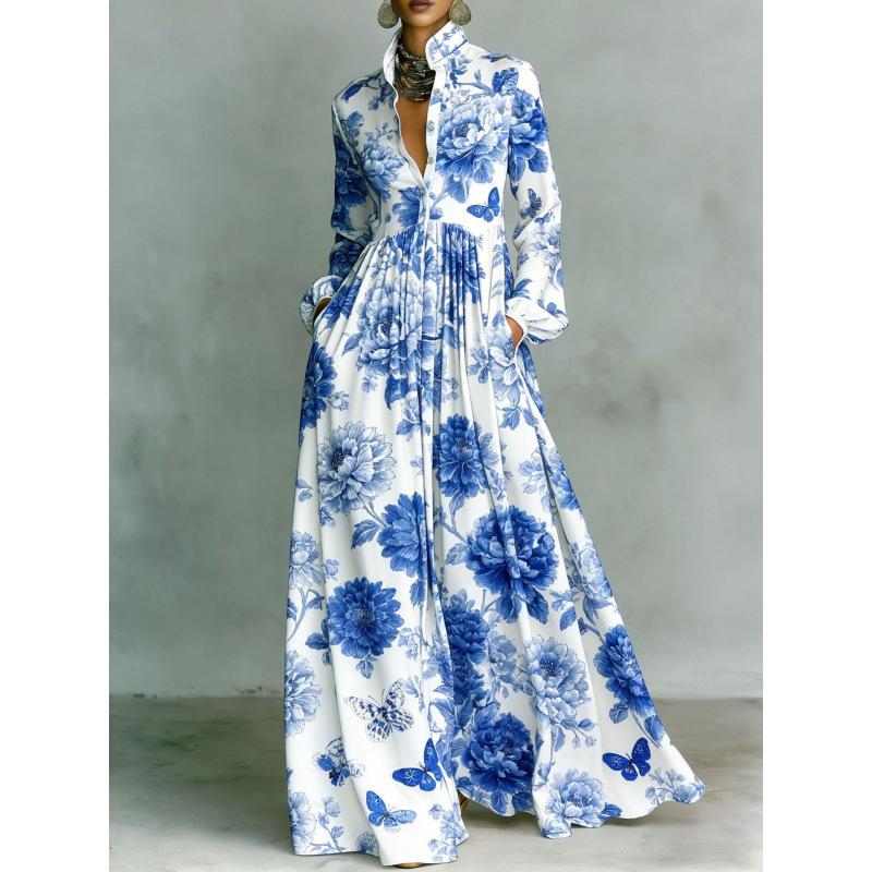 Women's Tiered Boho Maxi Dress Long Sleeve Button Front Lace Trim Loose Vacation Long Dress