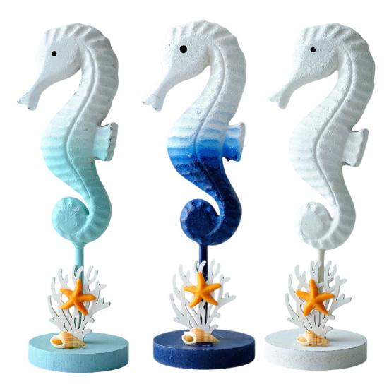 Wooden Seahorse Ornament with Round Base Rustic Seashell Starfish Seahorse Figurine Home Coastal Beach House Decoration