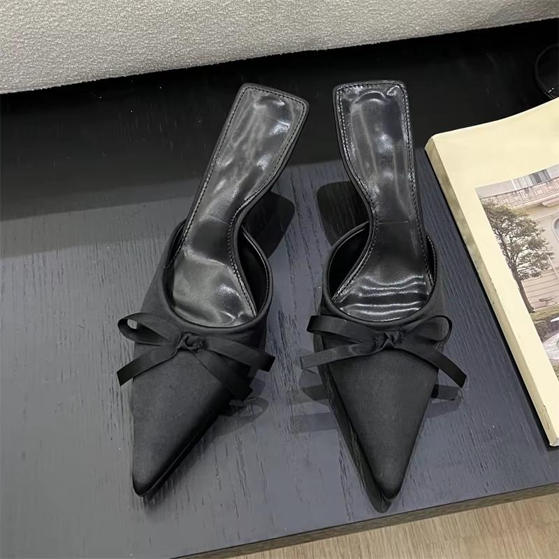 Eilyken Spring Summer Silk Butterfly-knot Women's Slippers Sandals Pointed Toe High Heel Pumps Ladies Stripper Mules Shoe