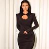 New slim fit high elastic simple temperament chest hollow plus shoulder pads long sleeve dress elegant pencil skirt