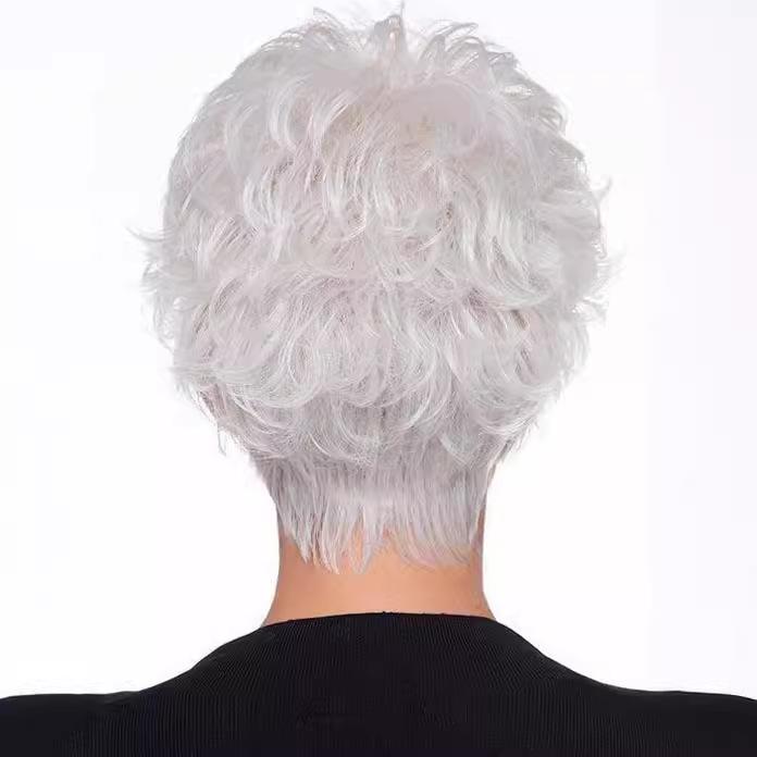 Women’s Short Silver White Wig with Side Bangs Fluffy Flipped Style Synthetic Hairpiece