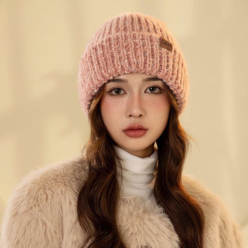 Small leather label dot knitted warm hat women's winter pullover ear protection cycling hat outdoor knitted straight hat