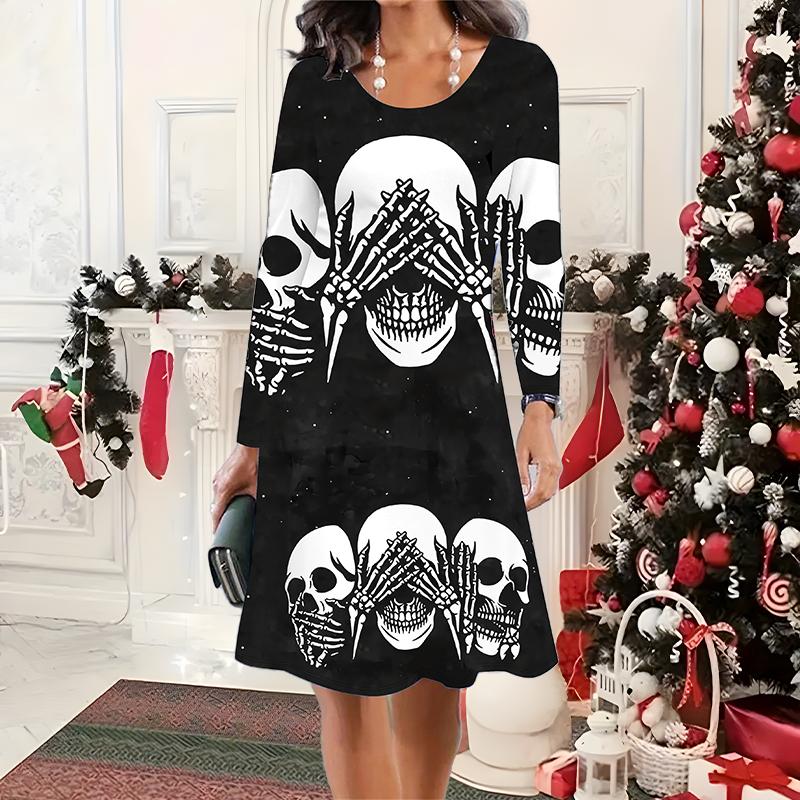 2025 Autumn & Winter Women's New Casual Crew Neck Dress 3D Halloween Pattern Ideal Halloween Christmas Gift