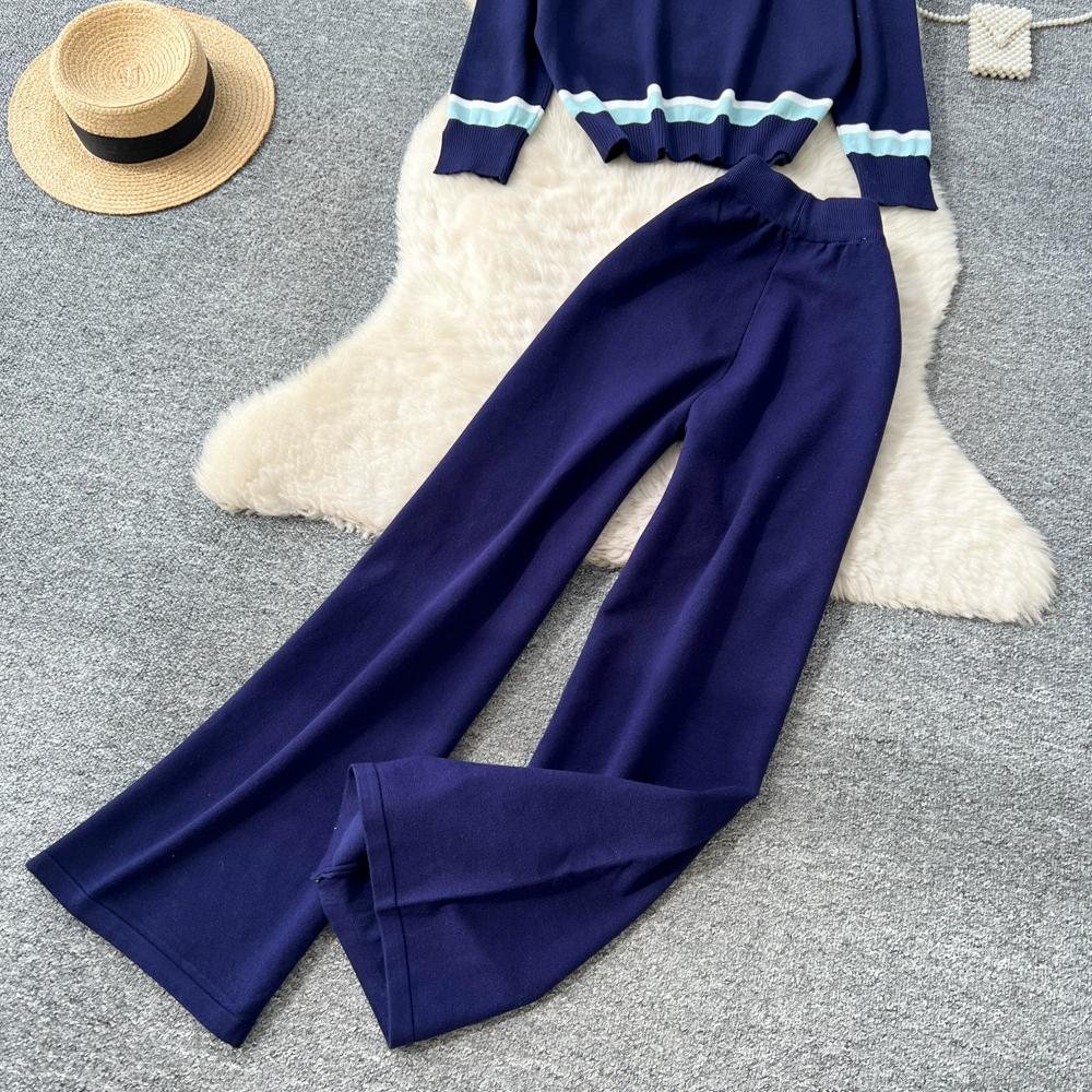 Herbst Winter Damen Lässig Gestrickter Pullover Hose Zweiteiler Langarm Pullover Oberteile und Weitbein Hose Trainingsanzug