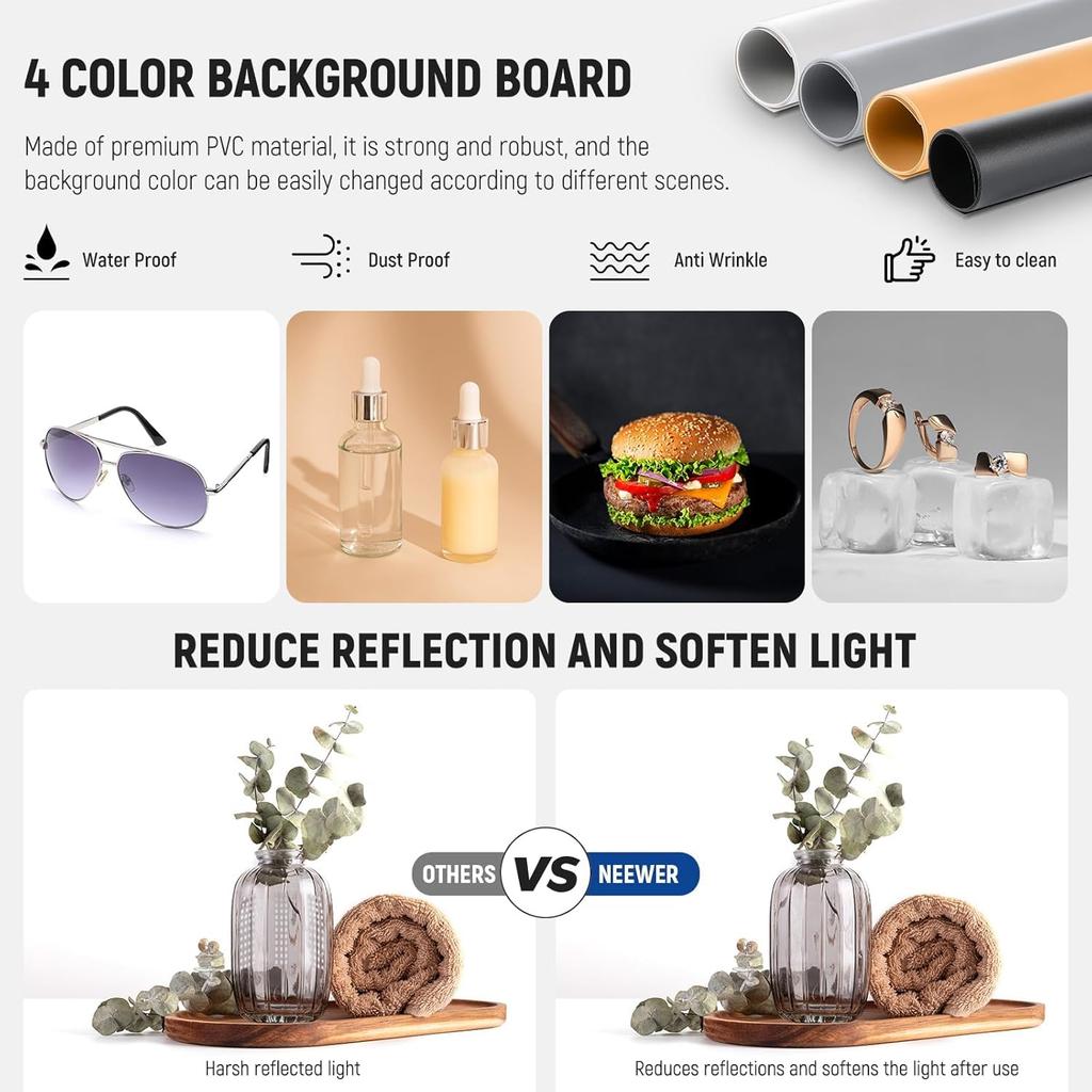 NEEWER 50W Upgraded Photography Box 50x50cm 192 LEDs 5600K 4 Color Background Cloth Glare Free Dimmable Portable Foldable Photo Studio Tabletop Light