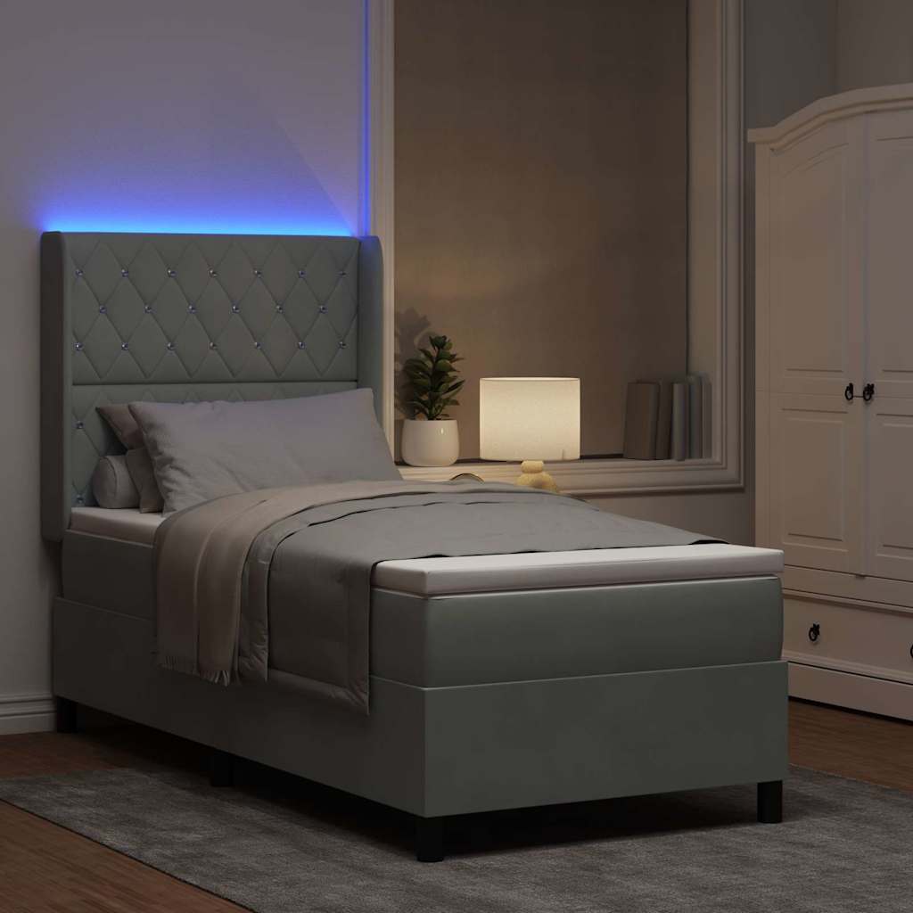 Boxspring Bed with Mattress and LED Light Gray 90 x 190 cm Velvet