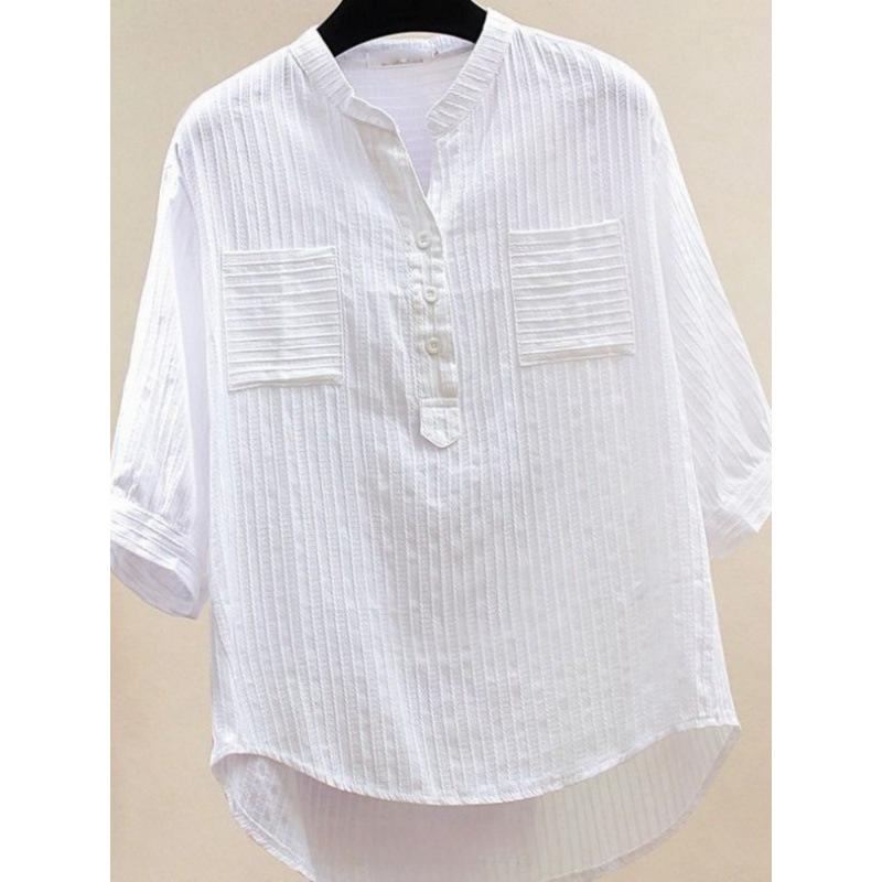 Plus Size Women White Loose Casual Round Neck Three Quarter Sleeve Shirt