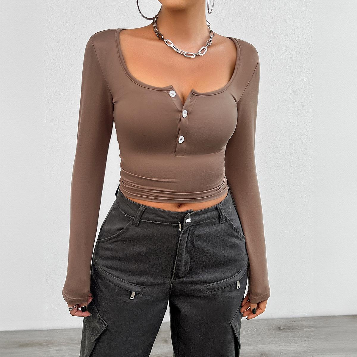 

Женские топы, весенне-летняя повседневная однотонная тонкая футболка с длинными рукавами XL коричневый