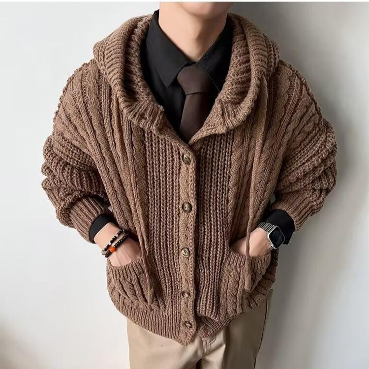 Men's Retro Chunky Knit Cardigan: Versatile Japanese Jacquard Sweater with Big Pockets.