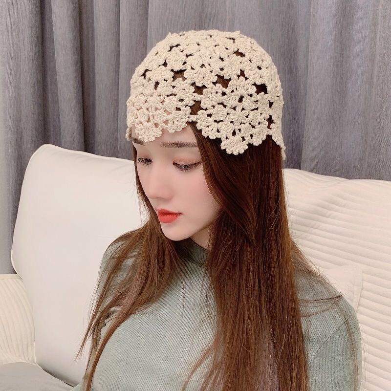 Women's Japanese Style Hollow Out Handmade Crochet Head Cap Thin Retro Flower Knitted Wool Hat Kni