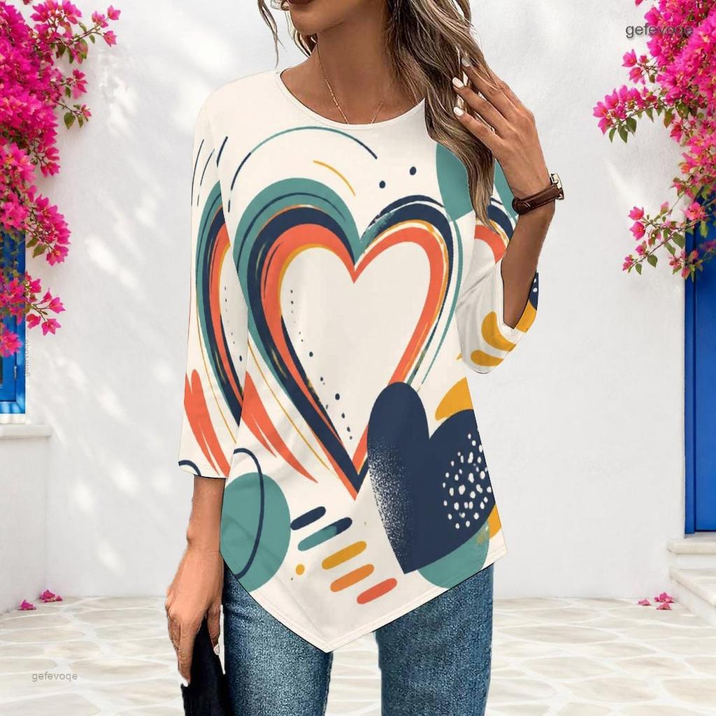 Womens Plus Size Three Quarter Sleeve Blouse Pointed Hem Breathable Loose Casual Daily Activity Top