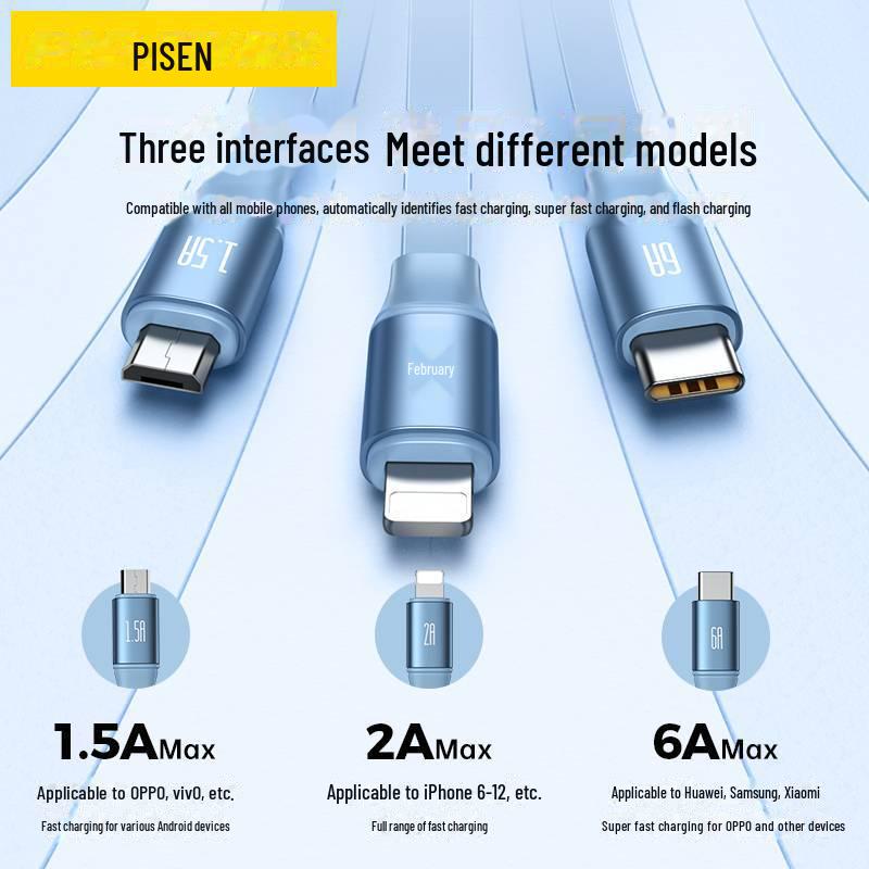PISEN 6A Einziehbar 3-in-1 Schnellladekabel für Apple und Huawei