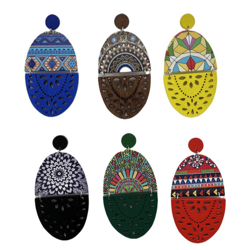 European Retro Wooden Long Print Earrings with Hollow Design