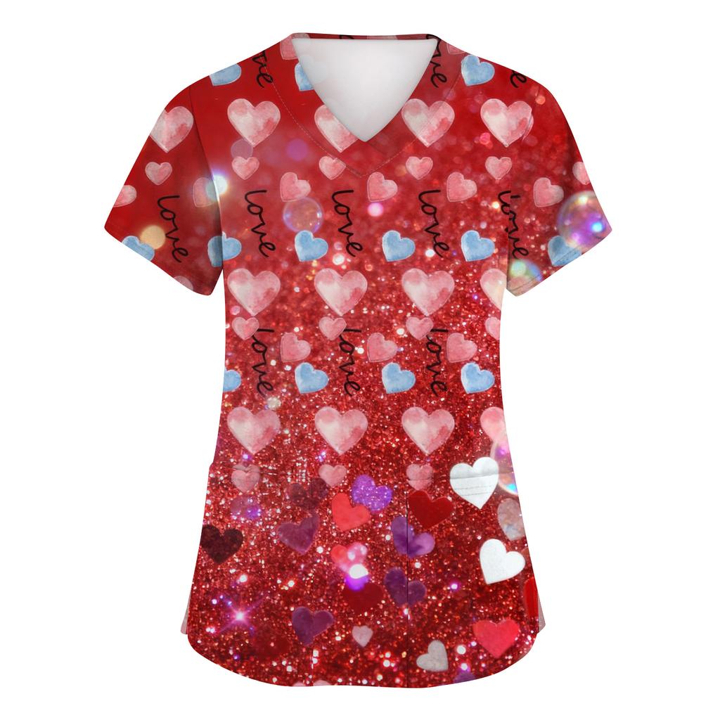 Women's Fashion Short-Sleeve Valentine's Day Print V-Neck Pocket Workwear Top