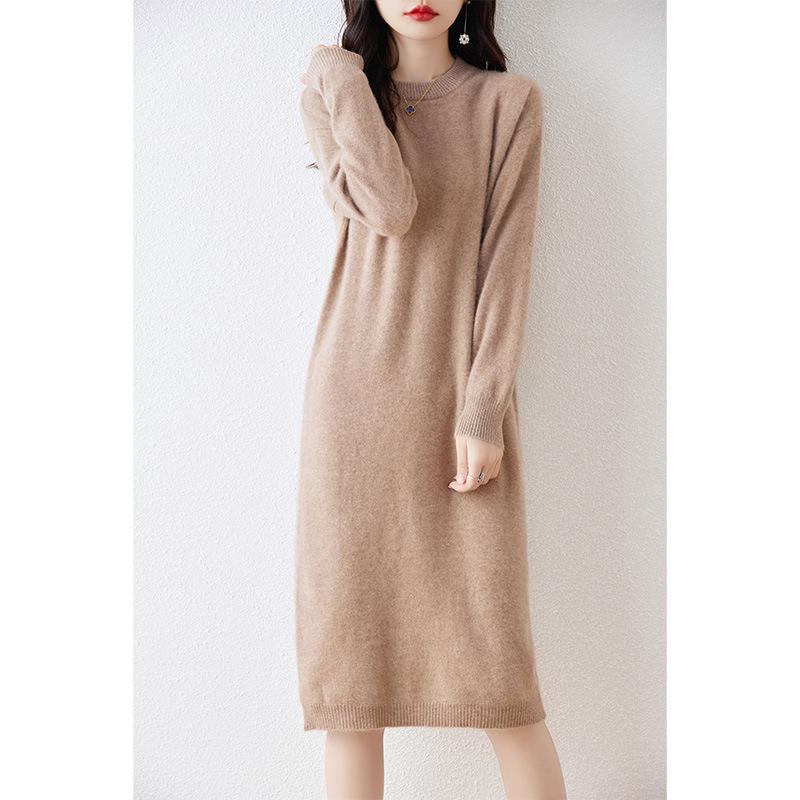 Women's Long Wool Knitted Dress - Over-the-Knee, Semi-High Neck, Loose Fit for Autumn/Winter