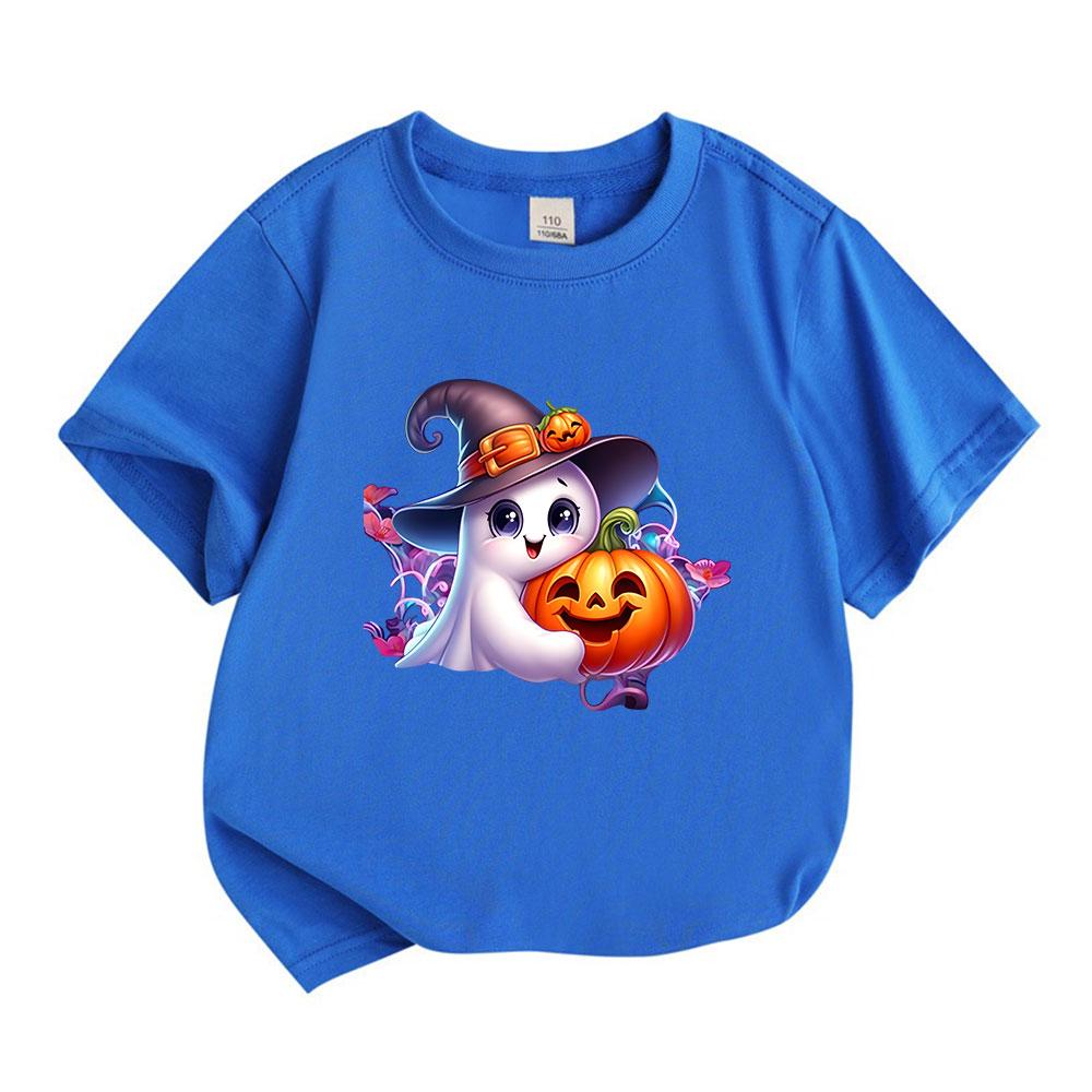 Kids Boys Girls 100% Cotton Crew Neck Short Sleeve T-Shirt, Cute Cartoon Ghost Witch Hat Pumpkin Print Halloween Casual Soft Tee for Children