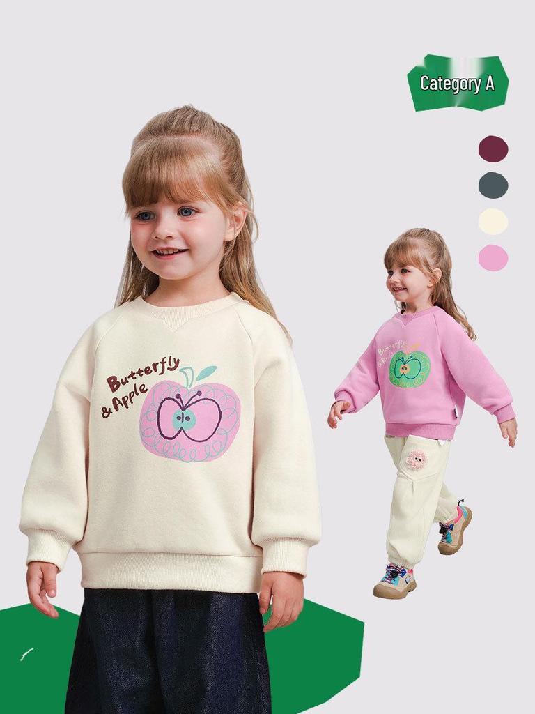 2025 Winter Kids' Fleece-Lined Cartoon Sweatshirt - Round Neck, Long Sleeve for Boys & Girls
