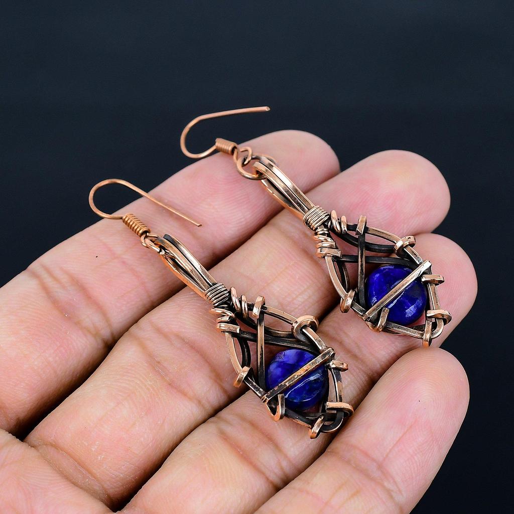 Blue Sapphire Earrings, Handmade Gemstone Earrings, 999 Copper Wire Wrapped Earrings Antique Jewelry, For Engagement Gift