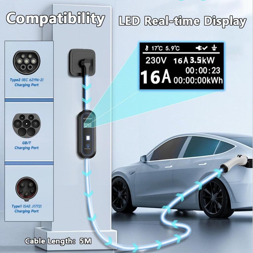 3.5KW 16A Portable EV Charger, Electric Vehicle Charger, Fast Charging Home Station Wallbox, LED Display, Adjustable Current, 5m Cable