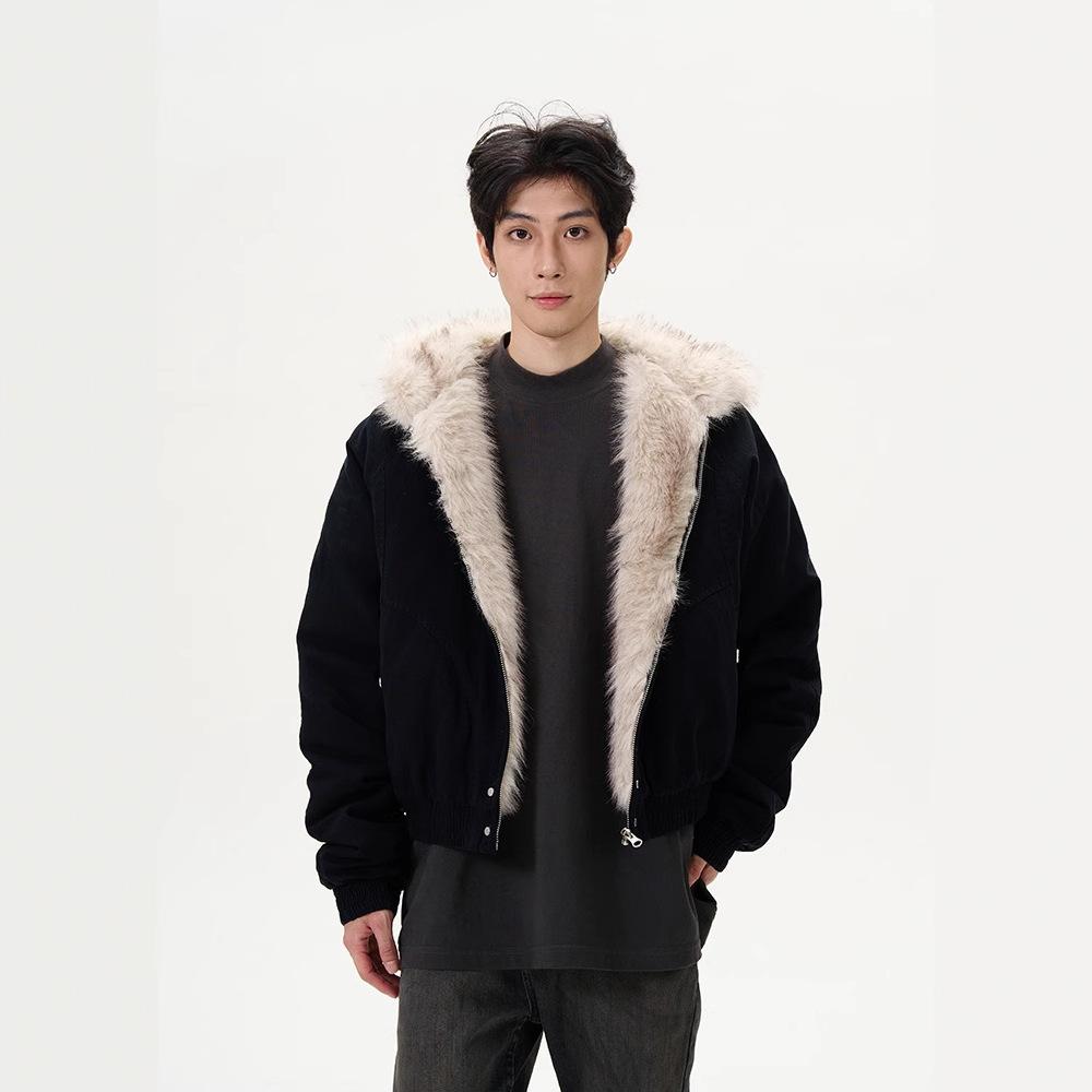 Jmg Clothing Men's Black American Retro Fur Collar Jacket Niche Trendy Jacket Cotton Clothes Cm