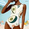 Women Plus Size High Round Neck Sleeveless Abstract Fruit Printed One Piece Swimsuit