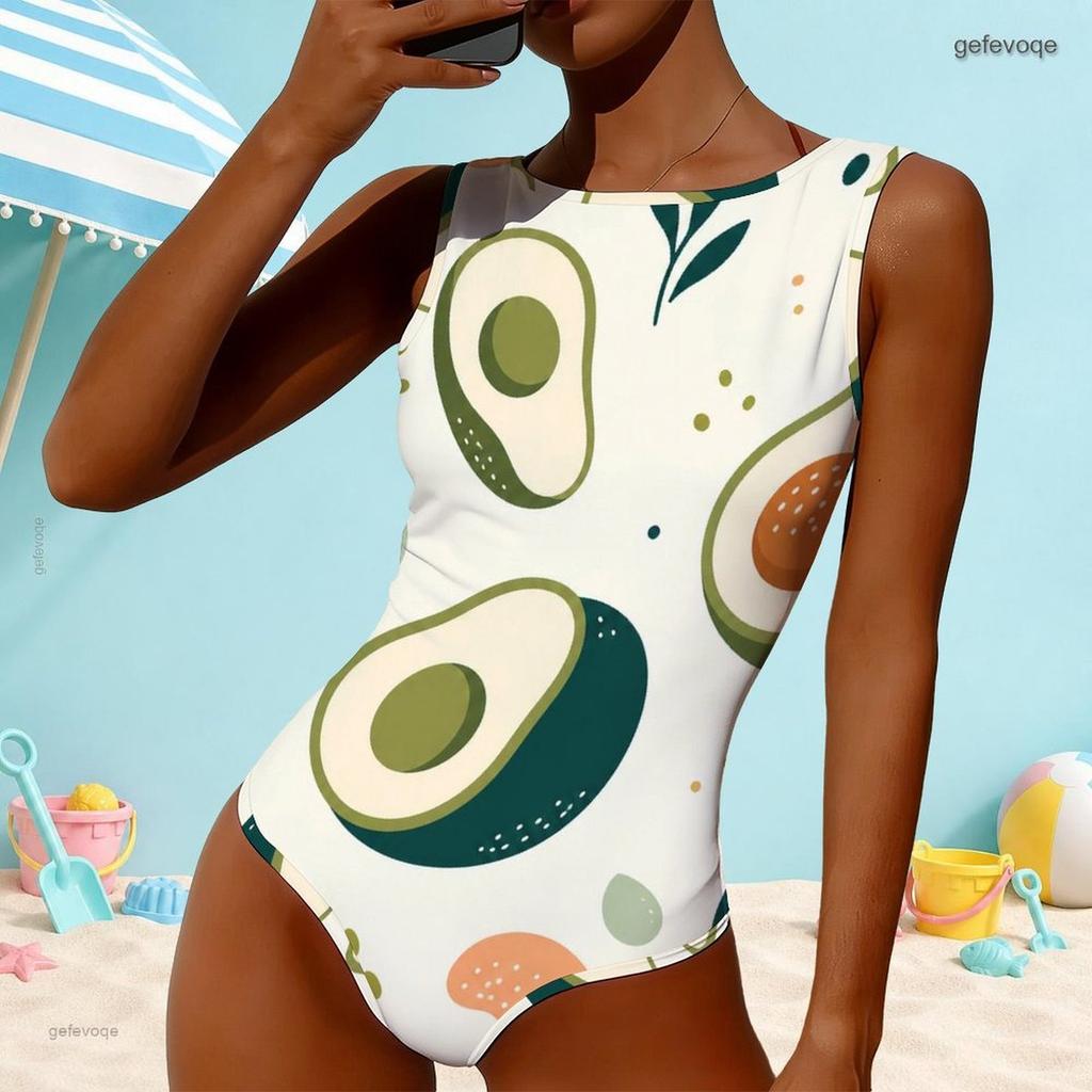 Women Plus Size High Round Neck Sleeveless Abstract Fruit Printed One Piece Swimsuit