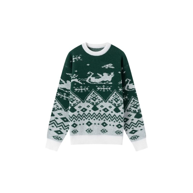 

Sweater Christmas Style Loose Round Neck Green Sweater Men s Geometric Pattern Pullover Top L зелений