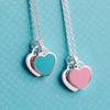 Women's T-brand Sterling Silver Double Heart Necklace with Red Enamel and Blue Clavicle Chain