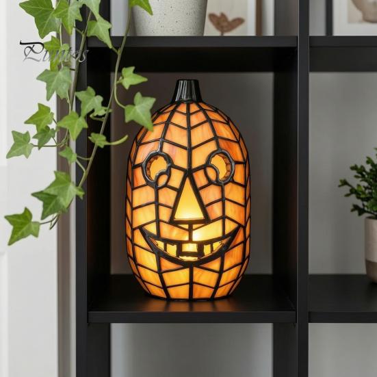 Unique Handmade Art Gift Stained Glass Pumpkin Lamp, Halloween Fall Table Lamp with Warm Glow, Crafted Resin Lantern USB Powered Orange Accent
