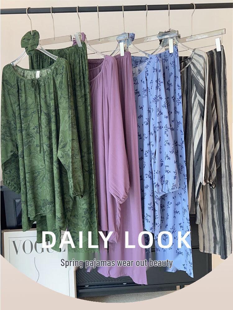 2025 Women's Lyocell-Cotton Pajama Set: Round Neck, Long Sleeve, Thin Pants, Simple Print