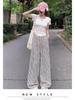 Women's High-Waisted Striped Wide-Leg Summer Pants - Petite, Loose, Slimming, Casual, Drapey.