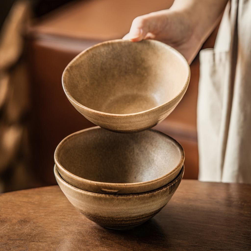 Rice Bowl Japanese Style Wind Kiln Ceramic Bowl Retro Tableware Bowl Household Small Bowl Eating Bowl Round Dessert Bowl