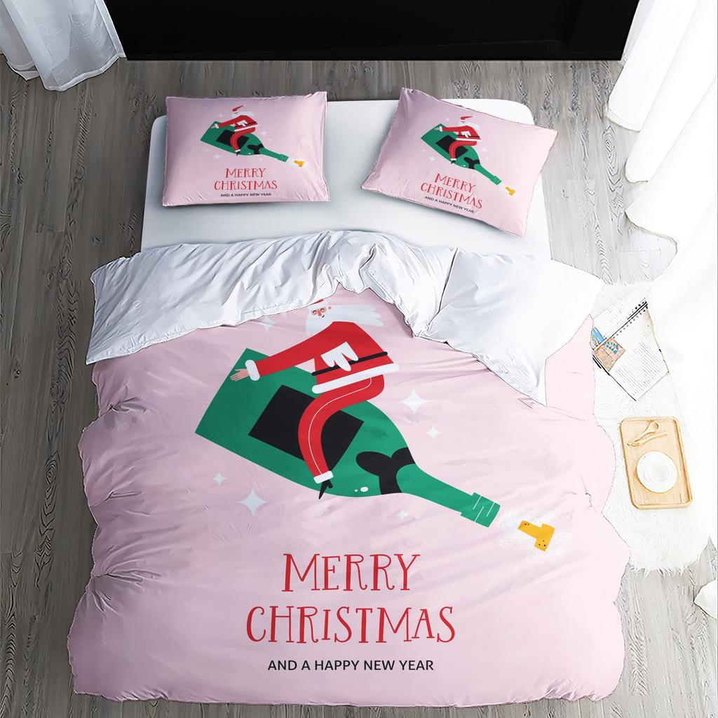 Pink Christmas Three-Piece Digital Printing Bedding Set Cartoon Santa Bed Cover