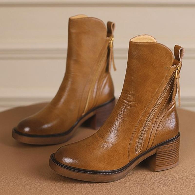 Winter Chunky Women Ankle Boots Designer Zippers Mid Heels Shoes 2025 Trend Fad Classic Leather Pumps Motorcycle Botas De Mujer